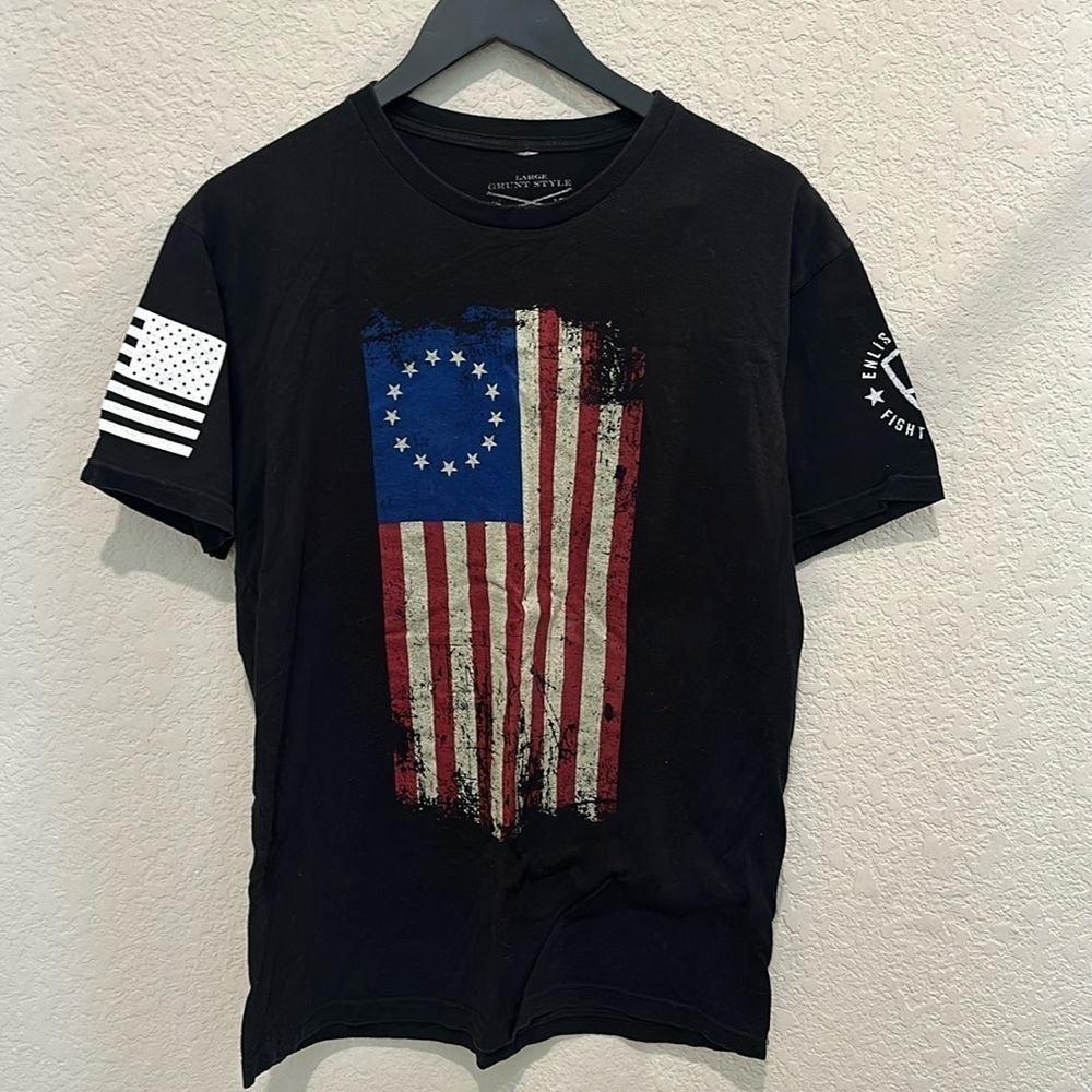Grunt Style Black Short Sleeve Tee with Distressed Betsy Ross Flag